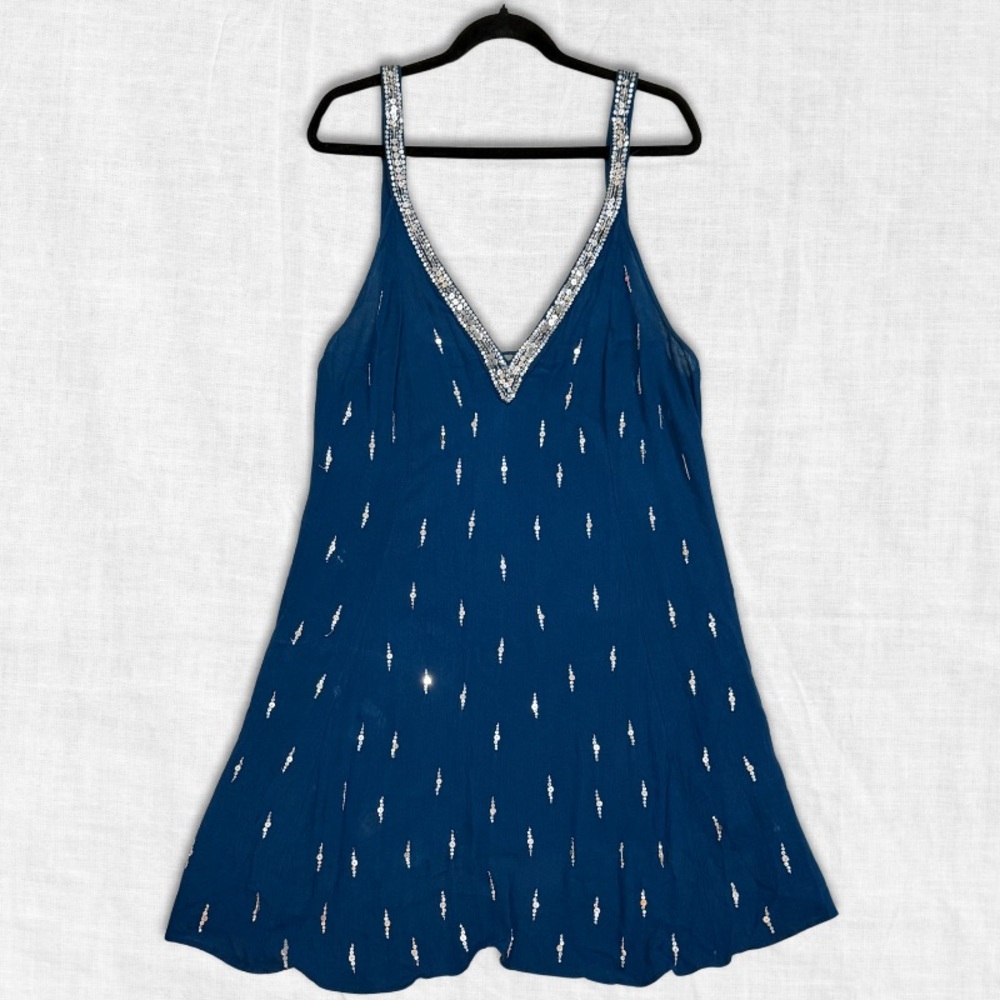 Free People Rising Sun Slip Dress | Blue with Silver Sequins | Size L
